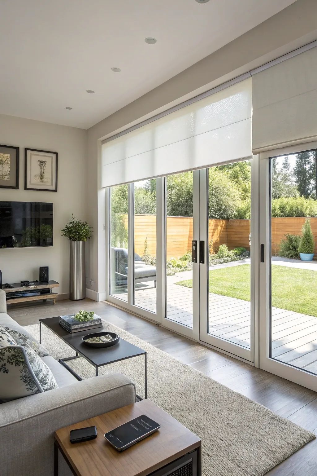Modern living room with sliding glass doors and light roller shades
