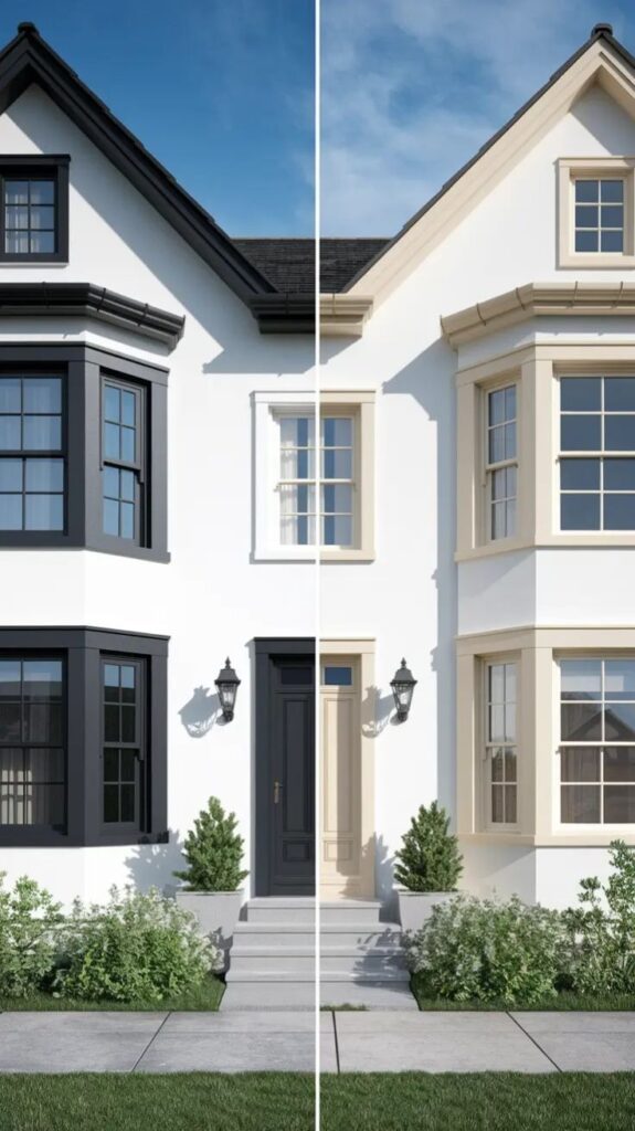 Side-by-side comparison of black versus beige window trim exteriors